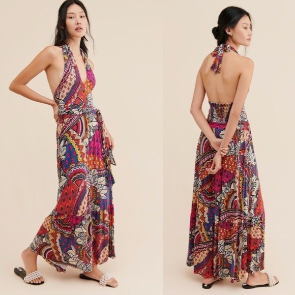 Anthropologie Maeve Cynthia Halter Maxi Dress XS P Pink Multi Geo Jersey Hippie - Picture 1 of 5
